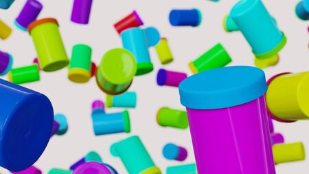 Floating film reel containers against a white background and array of out of focus film containers of various colors. This image is a 3d render.の写真素材