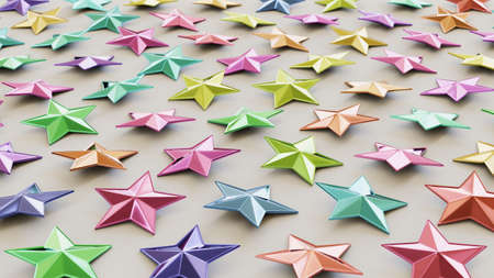 Neat uniform array of variously coloured stars under clean studio lighting. This image is a 3d illustration.の写真素材