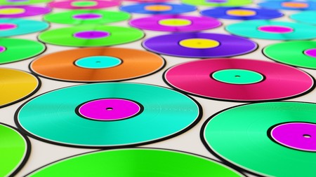 Neat uniform array of variously coloured vinyl records under clean studio lighting. This image is a 3d illustration.の写真素材