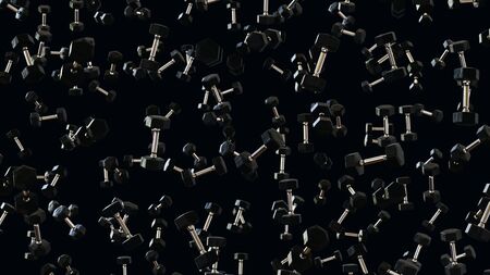 Numerous floating black dumbells at varying angles on a blank white background. This image is a 3d rendering.の写真素材