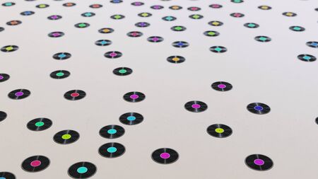 Large scattered array of vinyl records arranged on a minimally textured white concrete surface. This image is a 3d rendering.の写真素材
