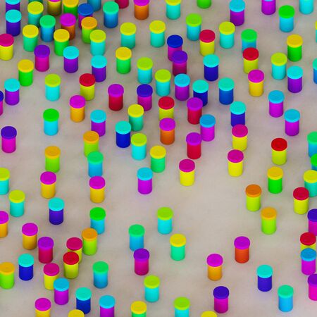 Playfully scattered film containers of various colours on a clean white concrete studio floor. This image is a 3d illustration.の写真素材