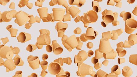Numerous floating orange terracotta pots at varying angles on a blank white background. This image is a 3d rendering.の写真素材