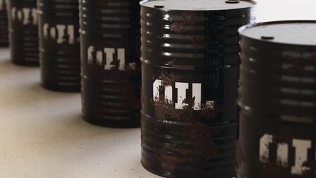 Close up on a tightly packed, perfectly aligned linear array of variously colored oil barrels on a simple modernist neutral surface. This image is a 3d render.の写真素材