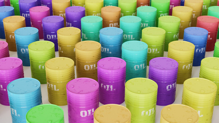 Neat uniform array of variously colored oil barrels under clean studio lighting. This image is a 3d illustration.の写真素材