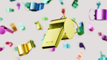 Floating steel whistle against a white background and array of out of focus whistles on various colors. This image is a 3d render.の写真素材