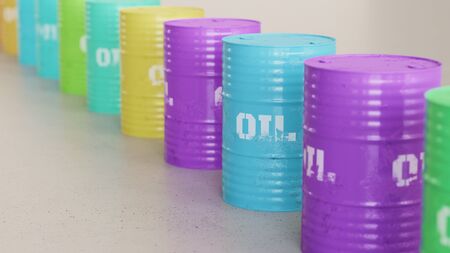 Neat line of variously oriented oil barrels on a modern minimalist neutral surface. This image is a 3d rendering.の写真素材
