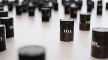 Large scattered array of black oil barrels arranged on a minimally textured white concrete surface. This image is a 3d rendering.の写真素材