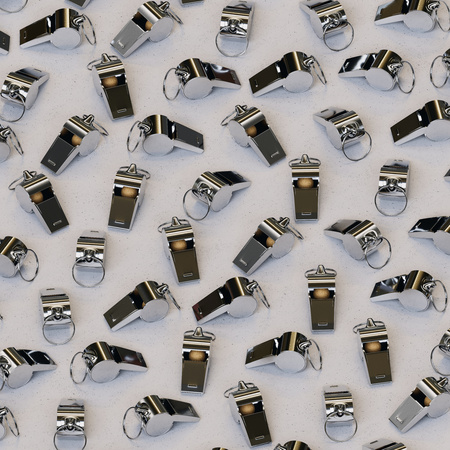 Perfect grid of steel whistles presented with even studio lighting and smooth depth of field. This image is a 3d illustration.の写真素材