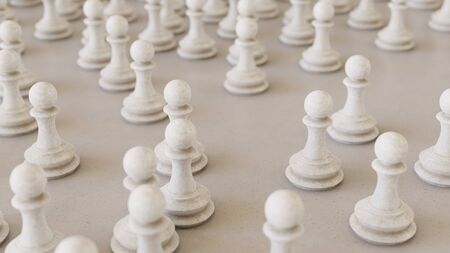 Large scattered array of white Chess pawns arranged on a minimally textured white concrete surface. This image is a 3d rendering.の写真素材
