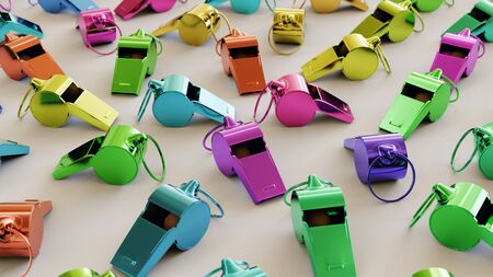 Neat uniform array of variously colored whistles under clean studio lighting. This image is a 3d illustration.の写真素材
