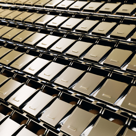 Isolated infinite array of densely packed whistles presented with a shallow depth of field. This image is a 3d illustration.の写真素材