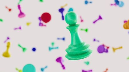 Floating COLOR Chess pawn against a white background and array of out of focus Chess pawns on various colors. This image is a 3d render.の写真素材