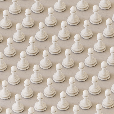 Perfect grid of white Chess pawns presented with even studio lighting and smooth depth of field....