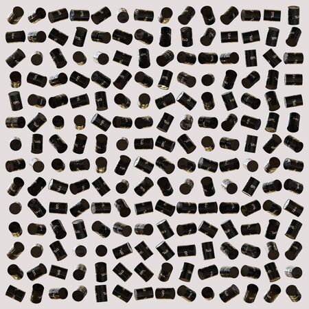 Huge float array of various rotated black oil barrels at equal distances on a blank white background. This image is a 3d render.の写真素材
