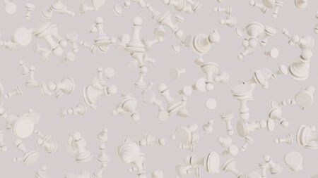 Numerous floating white Chess pawns at varying angles on a blank white background. This image is a 3d rendering.の写真素材