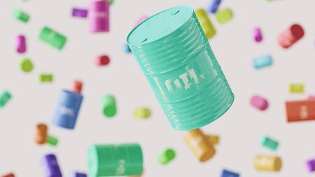 Floating black oil barrel against a white background and array of out of focus oil barrels on various colors. This image is a 3d render.の写真素材