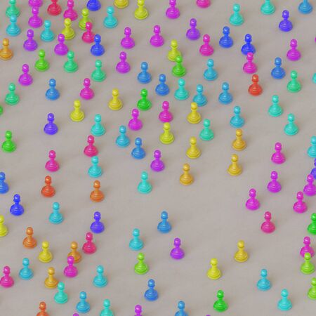Playfully scattered Chess pawns of various colors on a clean white concrete studio floor. This image is a 3d illustration.の写真素材