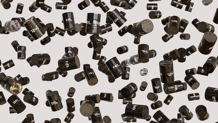 Numerous floating black oil barrels at varying angles on a blank white background. This image is a 3d rendering.の写真素材