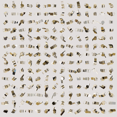 Huge float array of various rotated steel whistles at equal distances on a blank white background. This image is a 3d render.の写真素材