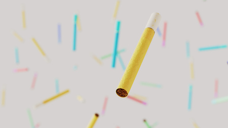 Floating cigarettes against a white background and array of out of focus cigarettes of various colors. This image is a 3d render.の写真素材