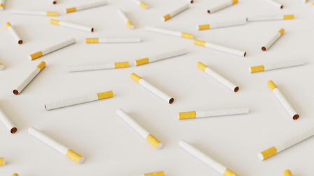 Tightly packed, uniform grid of cigarettes under even studio lighting. This image is a 3d renderingの写真素材