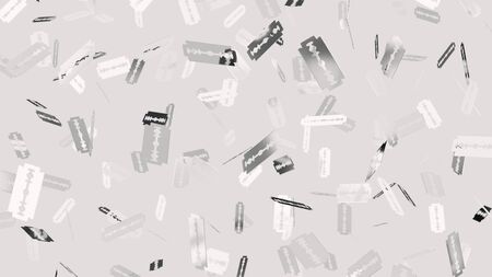 Numerous floating steel razor blades at varying angles on a blank white background. This image is a...
