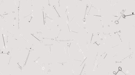 Numerous floating silver classic keys at varying angles on a blank white background. This image is a 3d rendering.の写真素材