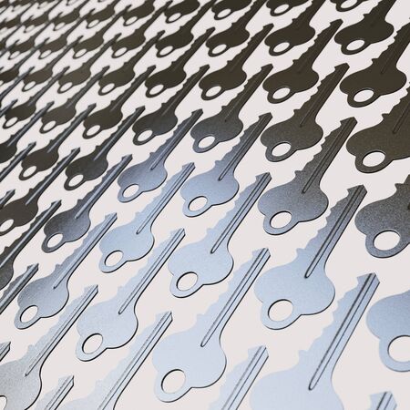 Isolated infinite array of densely packed house keys presented with a shallow depth of field. This image is a 3d illustration.の写真素材