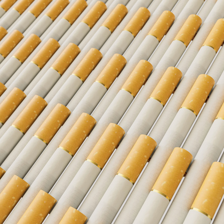 Isolated infinite array of densely packed cigarettes presented with a shallow depth of field. This image is a 3d illustration.の写真素材