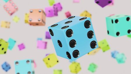 Floating white dice against a white background and array of out of focus Dice of various colors. This image is a 3d render.の写真素材