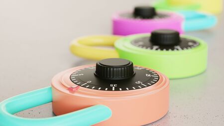 Neat line of variously oriented combination locks on a modern minimalist neutral surface. This image is a 3d rendering.の写真素材