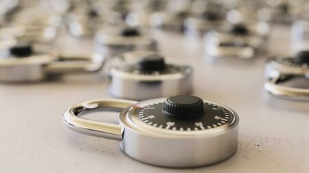 Large scattered array of chrome combination locks arranged on a minimally textured white concrete surface. This image is a 3d rendering.の写真素材