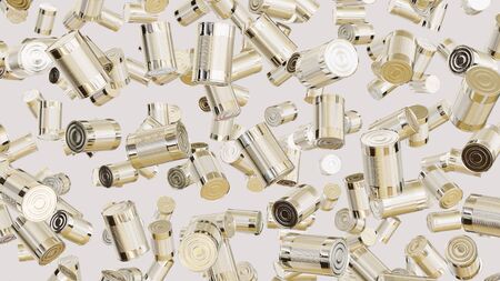 Numerous floating tin cans at varying angles on a blank white background. This image is a 3d rendering.の写真素材