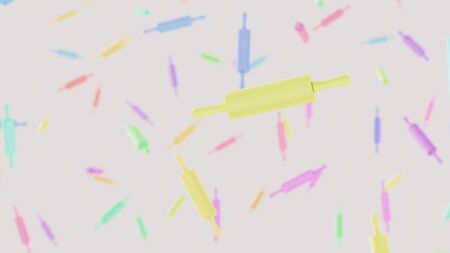 Floating wooden rolling pin against a white background and array of out of focus rolling pins on various colors. This image is a 3d render.の写真素材
