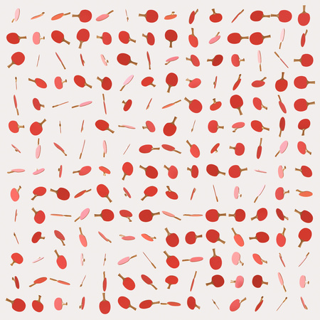 Huge float array of various rotated red table tennis paddles at equal distances on a blank white background. This image is a 3d render.の写真素材