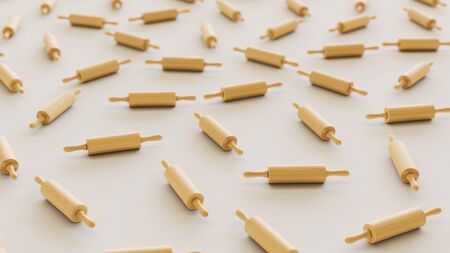 Tightly packed, uniform grid of wooden rolling pins under even studio lighting. This image is a 3d renderingの写真素材