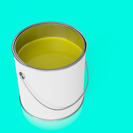 3d rendered open yellow paint can on a seamless reflective light blue surface for easy compositing.の写真素材