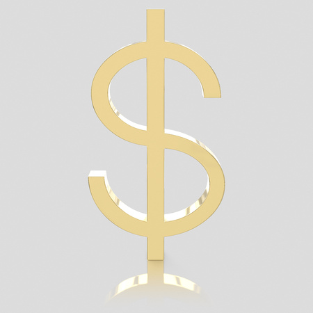 3d rendered Gold Dollar Symbol on a seamless reflective light grey surface for easy compositing.の写真素材