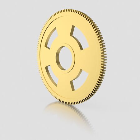 3d rendered Gold Gear on a seamless reflective white surface for easy compositing.の写真素材