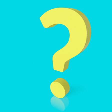 3d rendered yellow question mark on a seamless reflective light blue surface for easy compositing.の写真素材