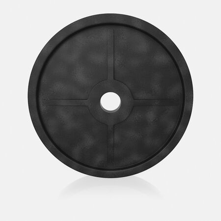 3d rendered iron weight plate on a seamless reflective white surface for easy compositing.の写真素材