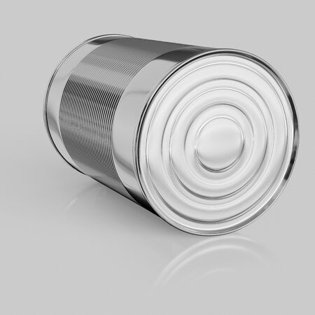 3d rendered blank tin can on a seamless reflective white surface for easy compositing.の写真素材