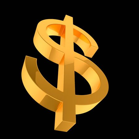 Floating gold dollar symbol isolated on a black background for easy compositing. This image is a 3d render.の写真素材