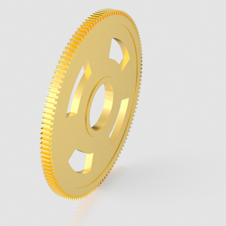 3d rendered Gold Cog on a seamless reflective light grey surface for easy compositing.の写真素材