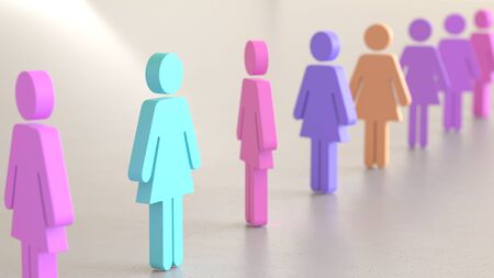 Line of Vibrantly Colored Woman Symbols on Simple Light Grey Surfaceの写真素材