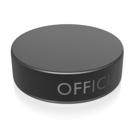 Isolated black Hockey Puck on an Unmarked Light Background With Reflectionの写真素材