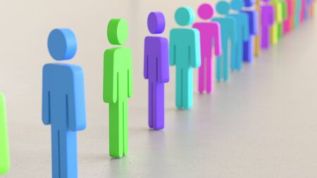 Line of Vibrantly Colored Men Symbols on Simple Light Grey Surfaceの写真素材