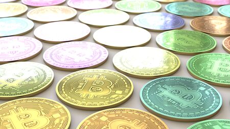 Variously Colored Bitcoins in a Tight Even Grid on a Simple Concrete Surfaceの写真素材