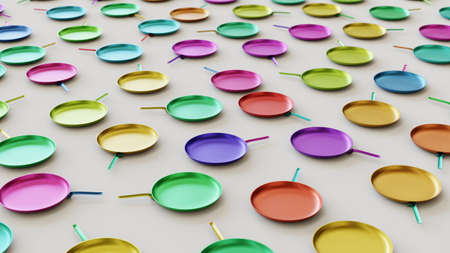 Variously Ironed Frying Pans in a Tight Even Grid on a Simple Concrete Surfaceの写真素材